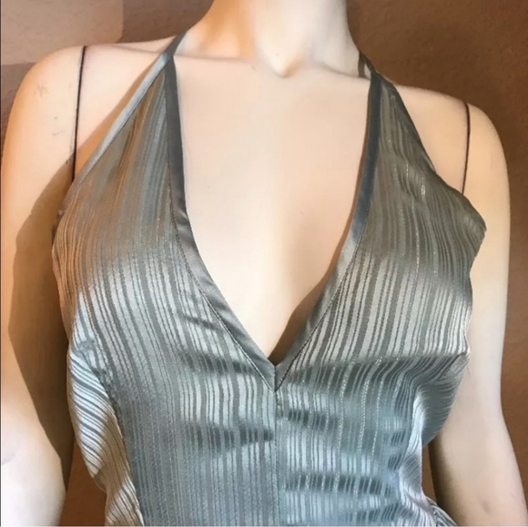 BEBE Metallic Teal Shadow Stripe Neck Halter Dress Crochet Lace Raceback NWT - Picture 4 of 9